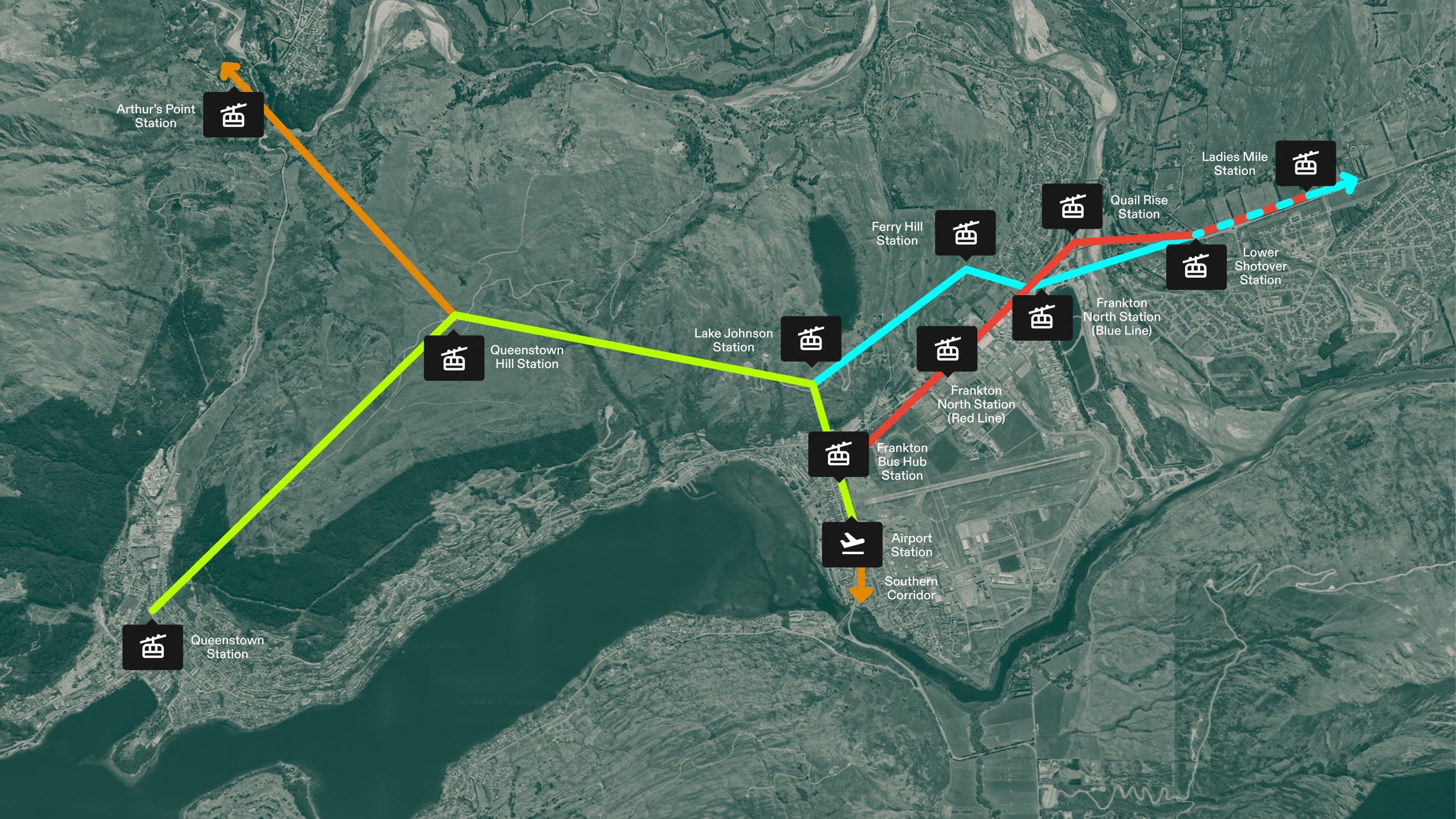 Map of the proposed route and stations for the Queenstown Cable Car. Includes stations at central Queenstown, Arthurs Point, Queenstown Hill, Lake Johnson, Frankton, Airport, Ferry Hill, Quail Rise, Lower Shotover and Ladies Mile